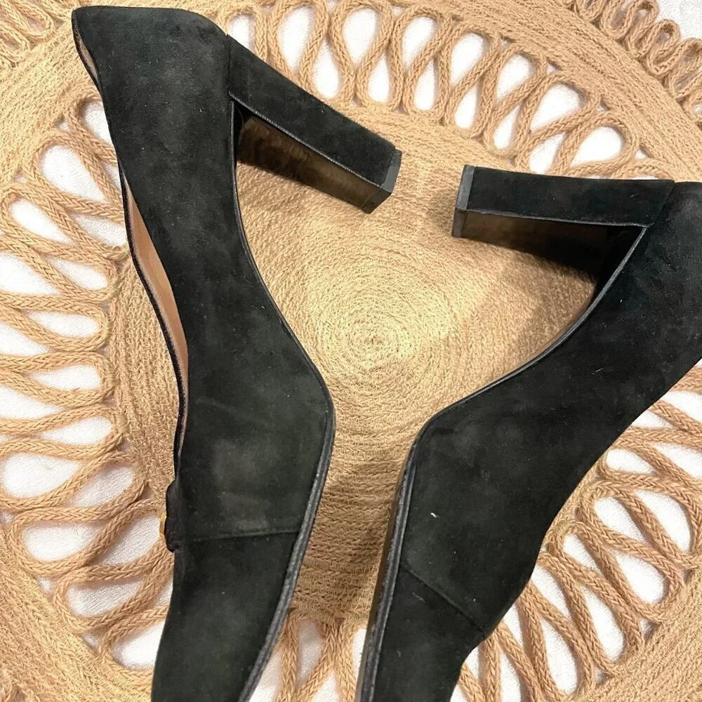 Chanel Black Suede CC Block Heel Pumps Size 7 A